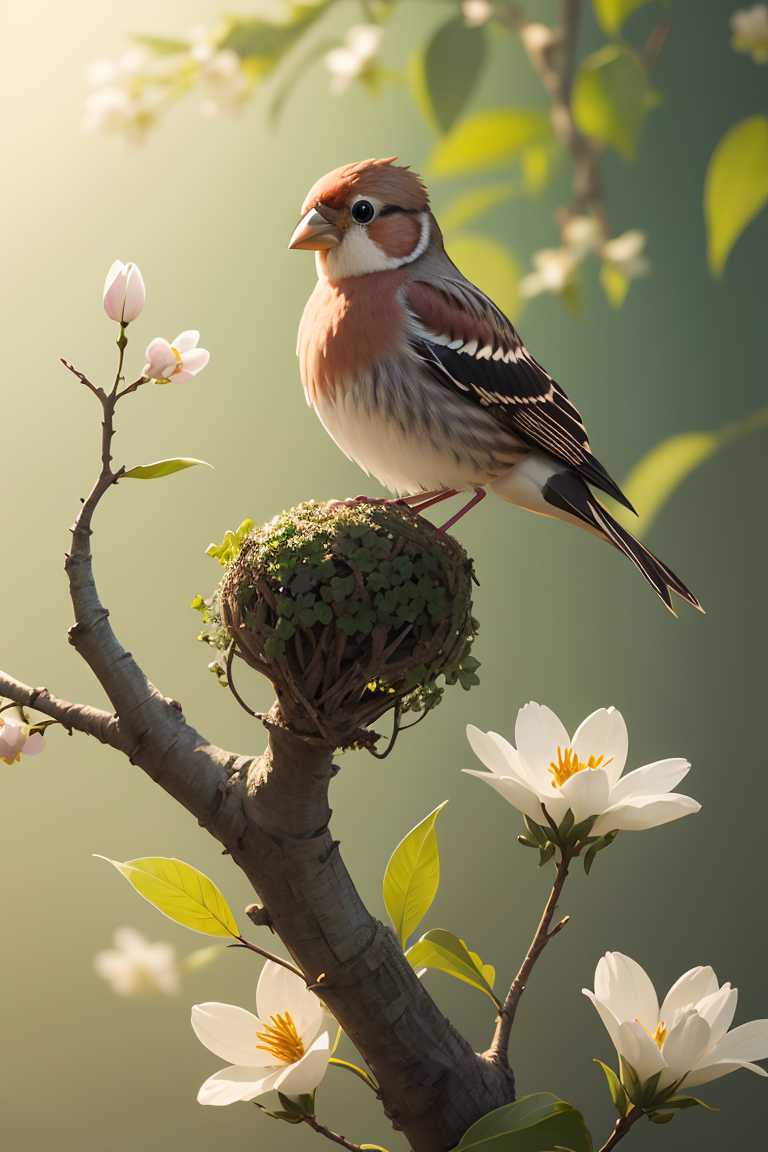 400022-3735732560-a tiny finch on a branch with (spring flowers on background_1.0), aesthetically inspired by Evelyn De Morgan, art by Bill Sienki.png